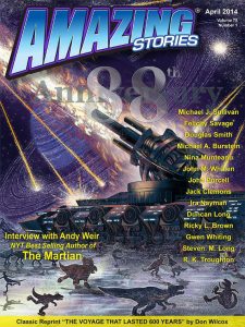 The latest issue of AMAZING STORIES, dated April 2014, with cover art by Frank Wu