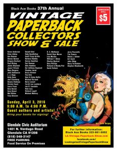 Flyer for the 37th Annual Los Angeles Vintage Paperback Show & Sale, created by Tony Gleeson.